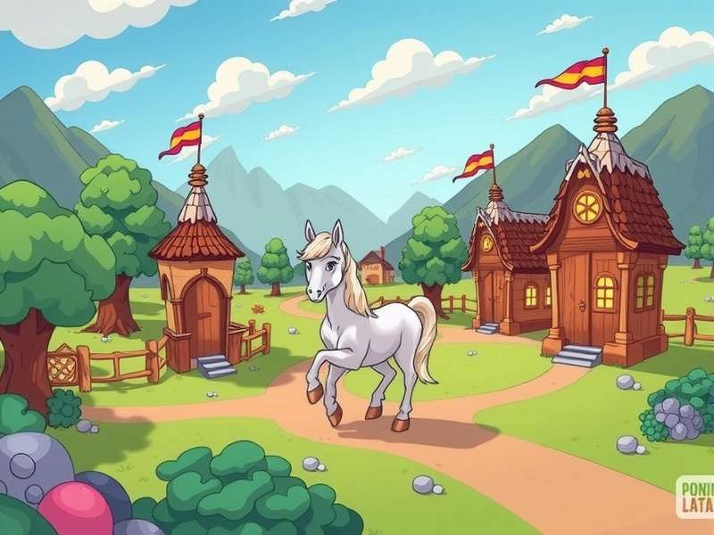 Screenshot of Pony Town app showing colourful ponies in a vibrant town