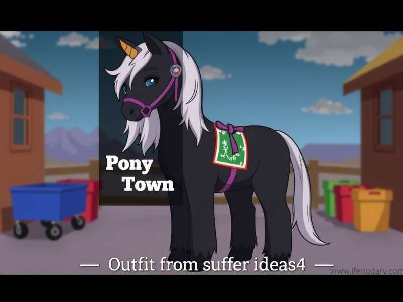 A vibrant screenshot of Pony Town Web showing colourful ponies interacting in a custom-built town square