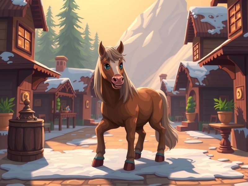 A vibrant fantasy town scene from Pony Town with colorful ponies and magical buildings