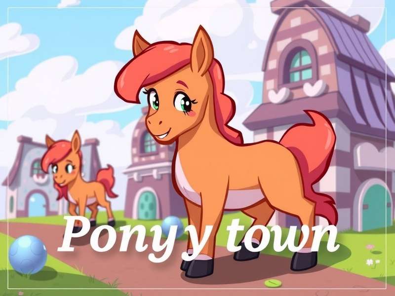 A vibrant screenshot of Pony Town showing colourful pony avatars in a pixel-art landscape with trees and houses.