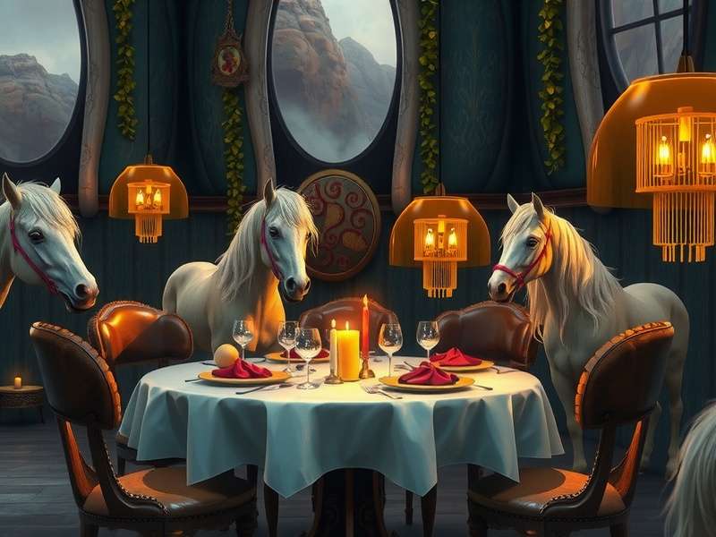 A vibrant scene from Pony Town showing colourful pony avatars dining on rocky outcrops overlooking a pixel-art sunset