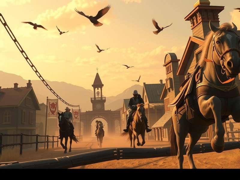 A sprawling desert landscape with pony avatars interacting, representing Dust Town in Pony Town