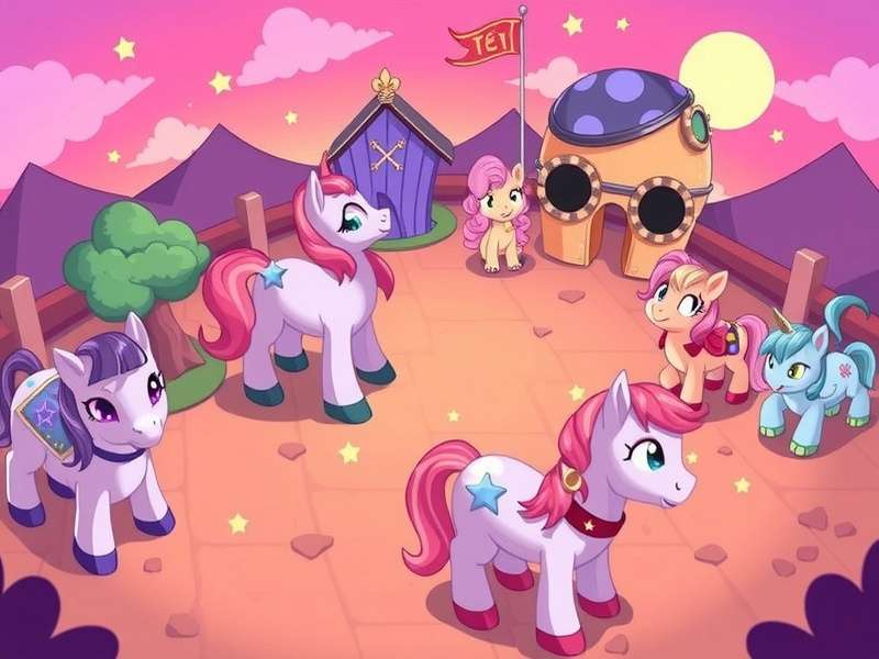 Vibrant digital landscape showing a colourful pony town with custom buildings and avatars