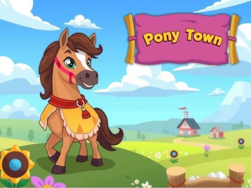 A vibrant scene from Pony Town showing diverse player-created ponies interacting in a custom-built garden