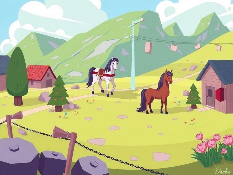 A vibrant screenshot of Pony Town PC showing custom ponies in a fantasy town setting