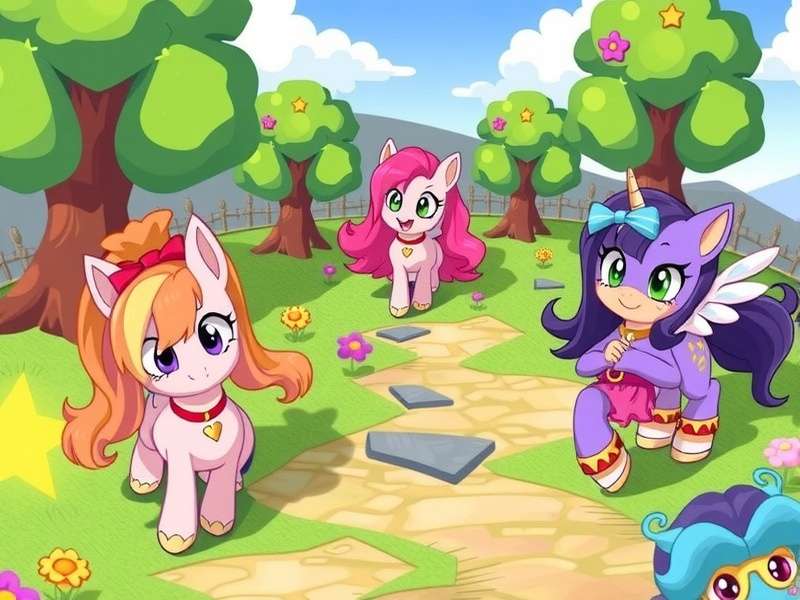 A vibrant scene from a popular Pony Town custom server showing diverse ponies interacting