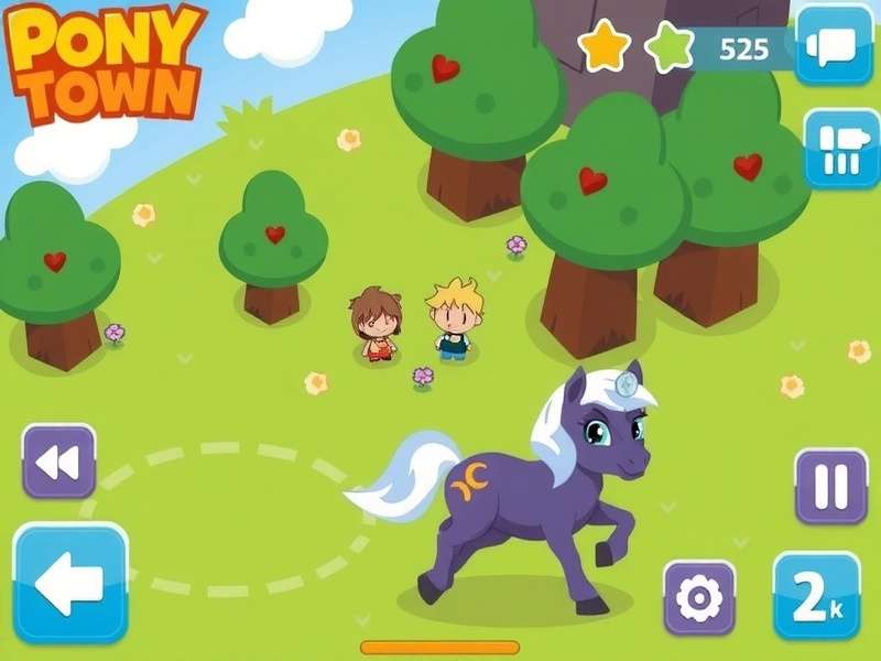 Screenshot of Pony Town game running on an iPhone, showing a colourful pony character in a vibrant town