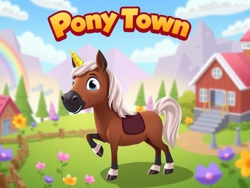 Pony Town game screenshot showing colorful ponies in a fantasy landscape