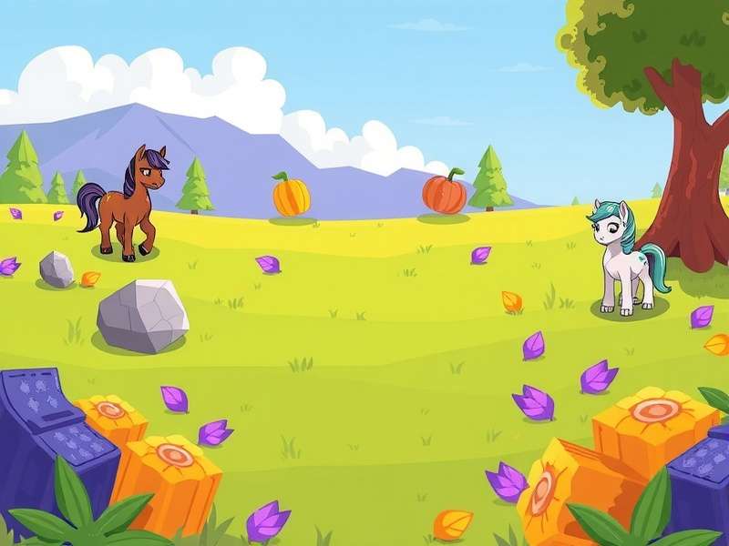 Autumn landscape with golden grass and fallen leaves, representing Pony Town fall aesthetic