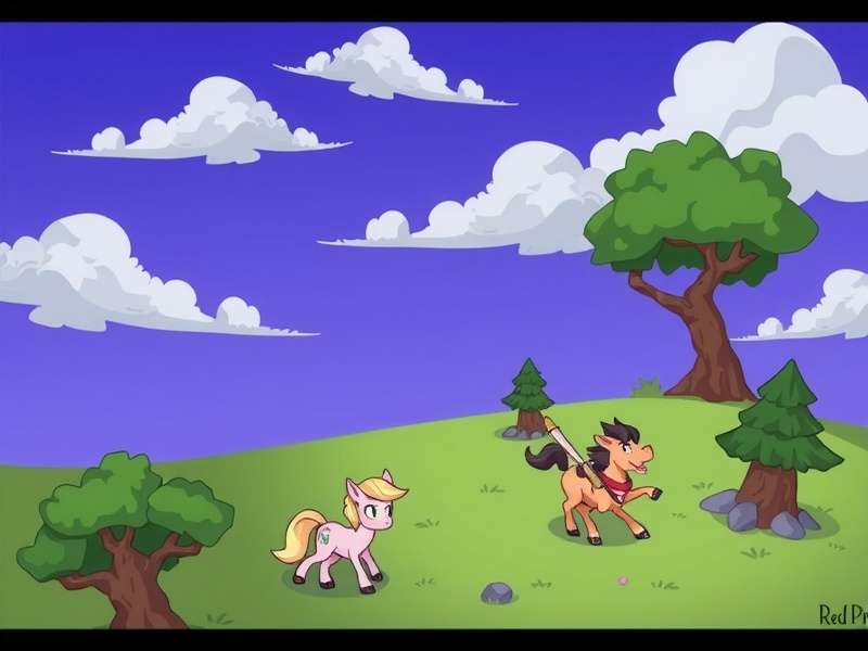 A vibrant digital art scene depicting multiple colourful pony avatars interacting in a fantasy town square