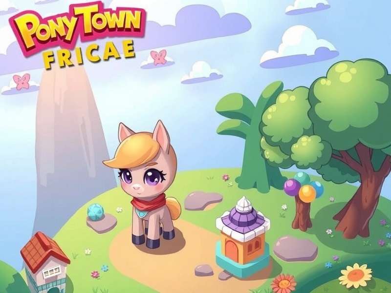 A vibrant screenshot of a custom Pony Town private server showing ponies interacting in a unique themed area
