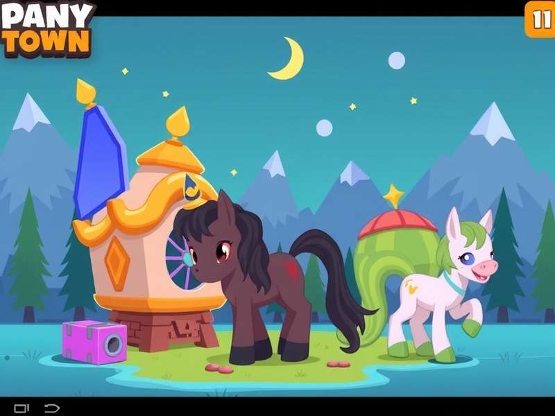 A vibrant scene from Pony Town Dandys World showing multiple creatively designed ponies socialising in a detailed, colourful environment.