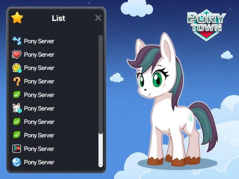 Screenshot of a vibrant custom Pony Town server showing ponies interacting in a themed city