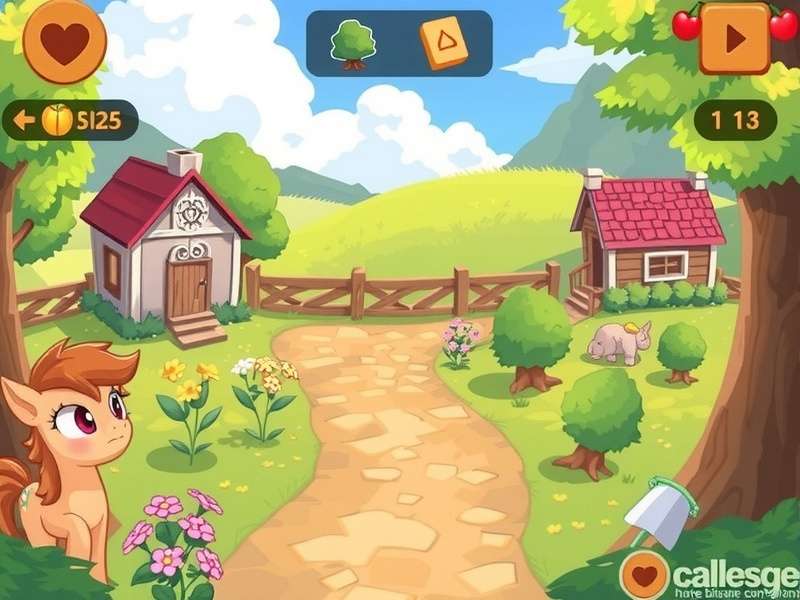 A detailed custom Apple Bloom pony in Pony Town interacting with other players near a virtual apple tree