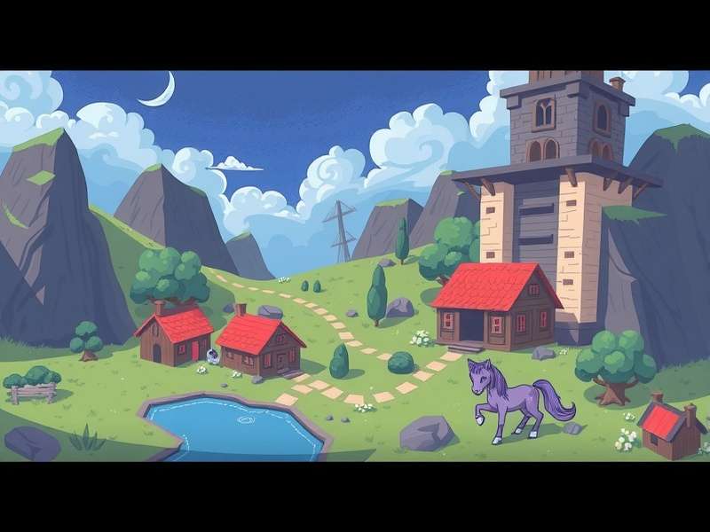 A panoramic view of a vibrant Pony Town map featuring colourful ponies, cottages, and social hubs