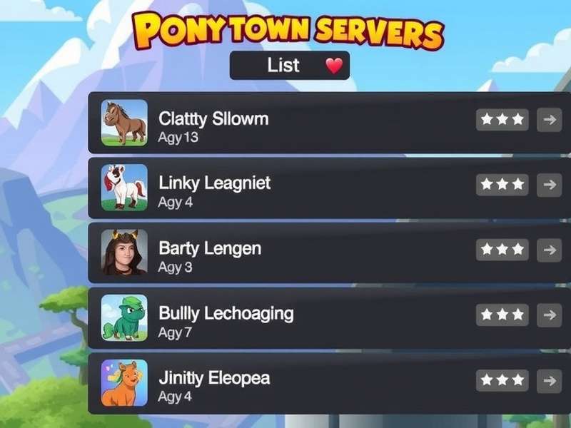 A vibrant collage of Pony Town custom servers showing diverse worlds and player hubs